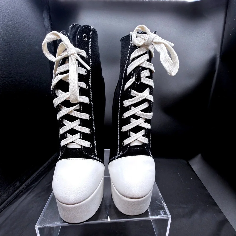 Black Canvas Lace Up Platform Stiletto Ankle Sneaker White Contrast Stitch Sz 36